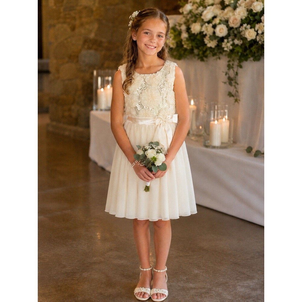 American Princess Sequins Ruffle Tulle Floral Sleeveless Off White Dress Size 16